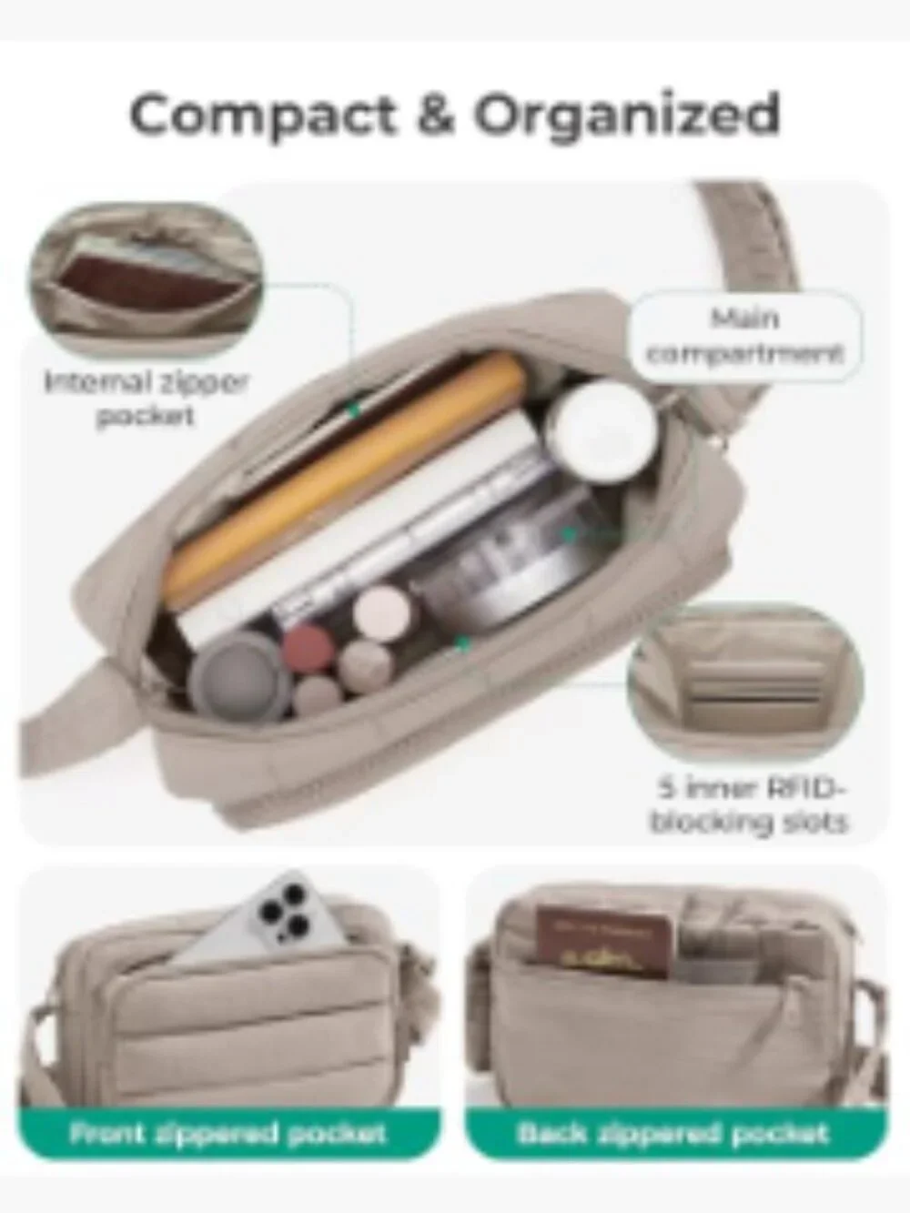 Puffer Crossbody Bag for Women RFID Blocking Slots Adjustable Strap Travel Purse